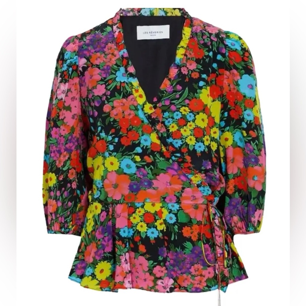 Les Reveries Floral Silk Crepe de Chine Puff Sleeve Wrap Blouse Size Small Euc